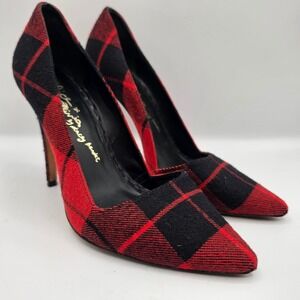 Alice + Olivia Stacey Bendet Red Black Buffalo Plaid‎ Pointed Toe Pumps Size 39